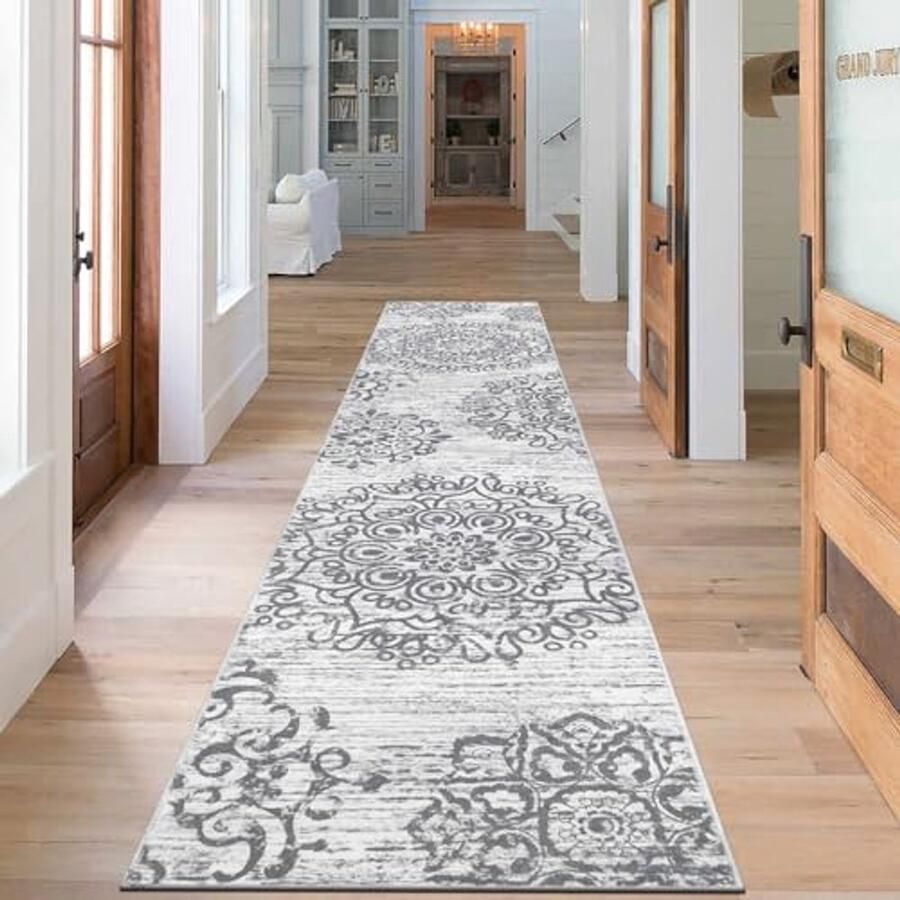 Lange Boho Loper voor Hal Keuken en Slaapkamer Wasbaar en Antislip 60 x 240 cm Grijs
