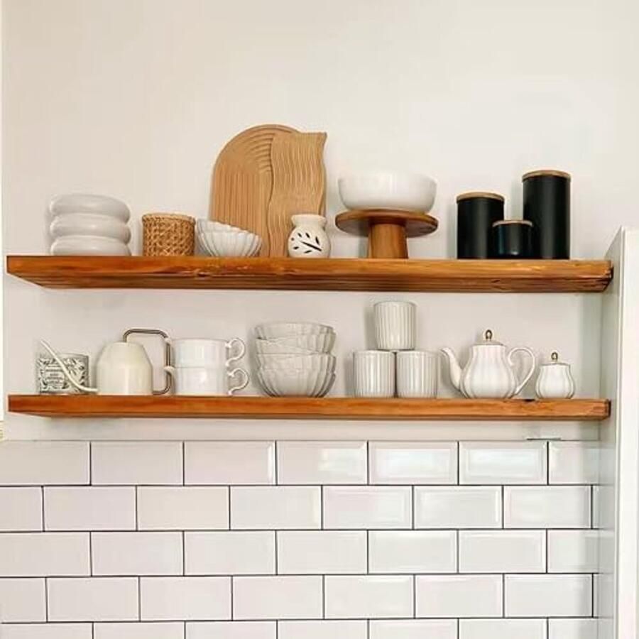 Lange houten zwevende planken voor muur Set van 2 brede wandplanken in natuurlijke afwerking