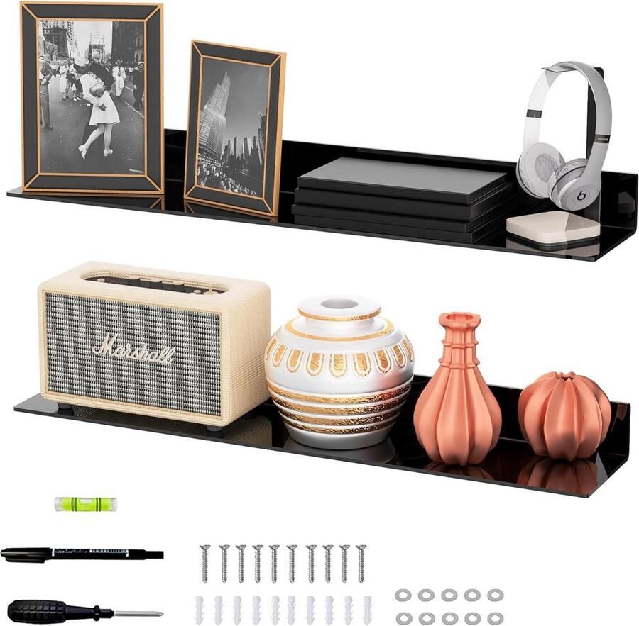 Lange wandplanken set badkameropberging 2 stuks zwart acryl 76 cm