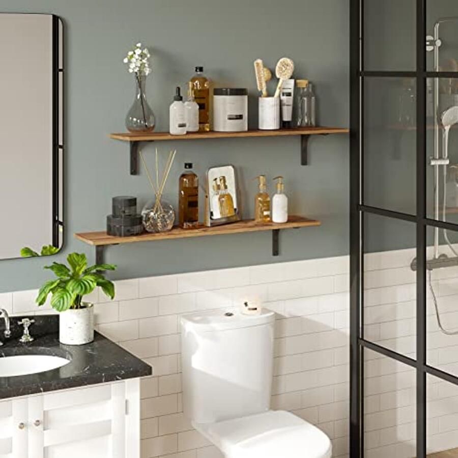 Lange wandplanken set van 4 met stevige metalen beugels rustieke wanddecoratie voor woonkamer badkamer keuken