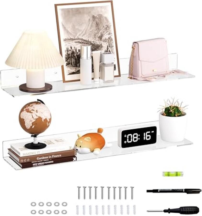 Lange Zwevende Planken 76 cm Heldere Acryl Wandplanken voor Planten Boeken en Meer (Set van 2)