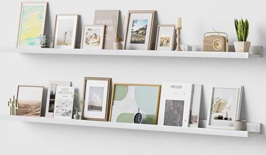 Langzwevende Wandplanken van Hout 56 inch Foto- en Boekenplank voor Woonkamer Slaapkamer Keuken en Kinderkamer Wit Set van 2