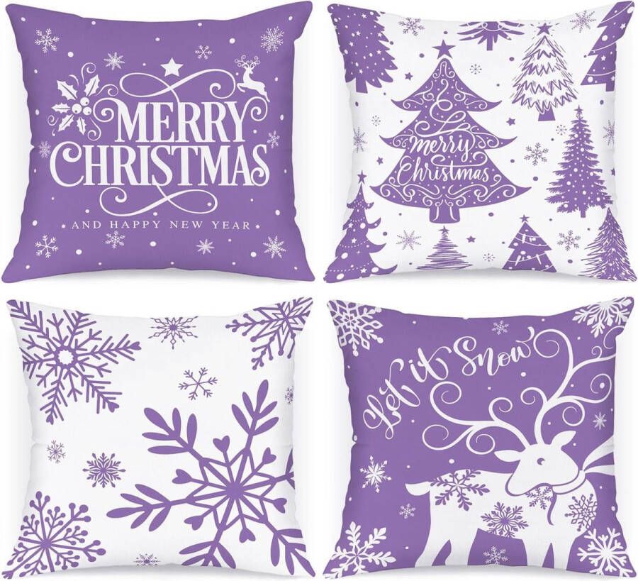 Lanpn Pack of 4 White and Purple Cushion Covers Christmas Cushion Cover 40 x 40 cm Winter Snowflakes Decorative Christmas Cushions for Christmas Decoration Christmas Bed Linen Sofa Decorations