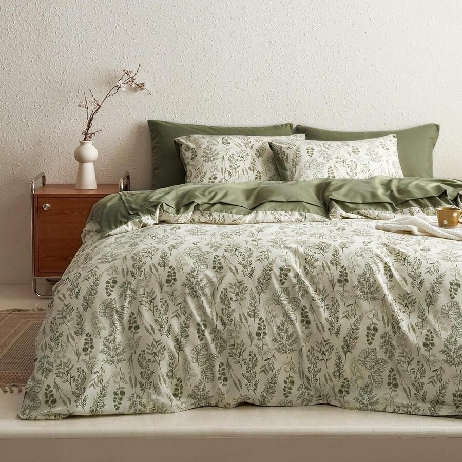 Lanqinglv Bed Linen 135 x 200 cm Green White Leaves Flowers Plants Reversible Bed Linen Set Colourful Duvet Cover with Zip and 1 Pillowcase 80 x 80 cm Oeko-Tex Certified & Suitable for Allergy