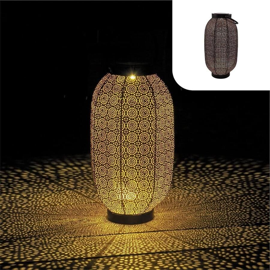 Lantaarn Bloem Groot Zwart en Goud Metaal IP65-Waterdicht Tuinverlichting met Solar LED Buiten Tafellamp