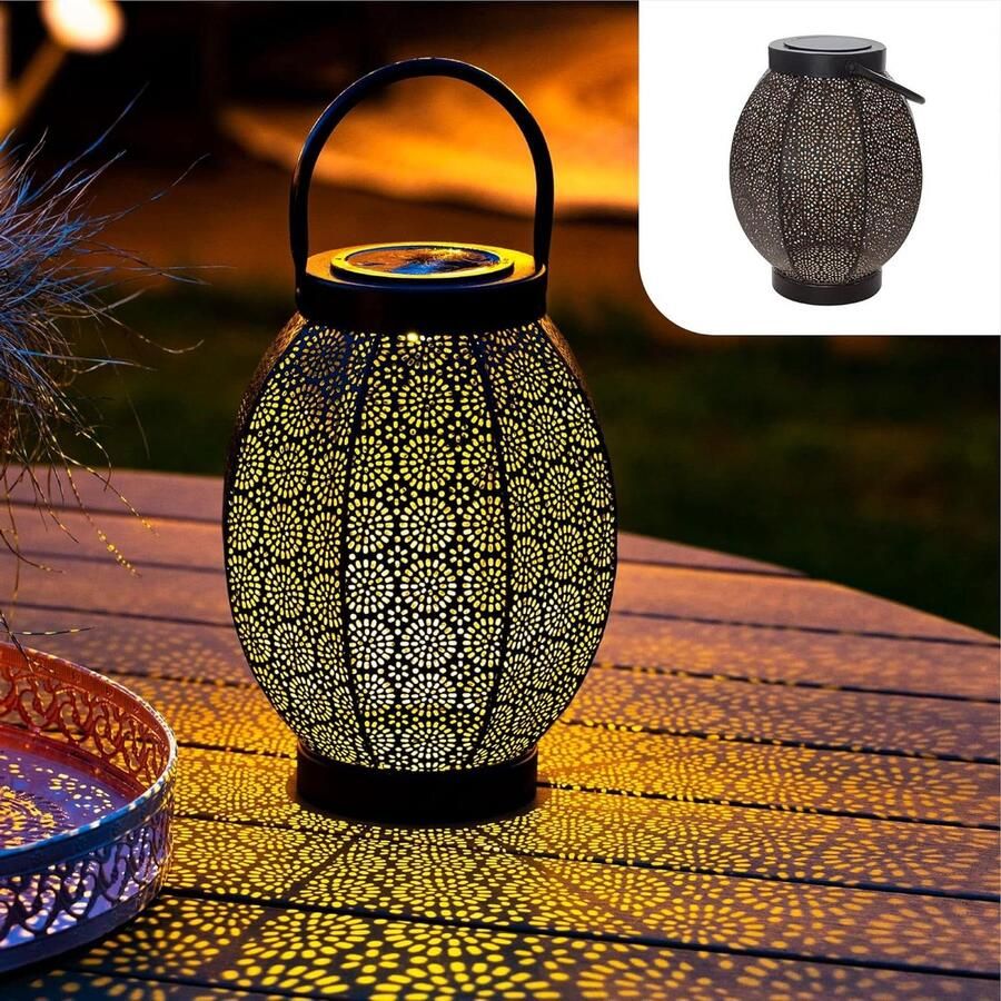 Lantaarn Bloem Led Tuinverlichting Solar Tafellamp of Hanglamp Buitenverlichting Zwart Goud Metaal IP65 Waterdicht