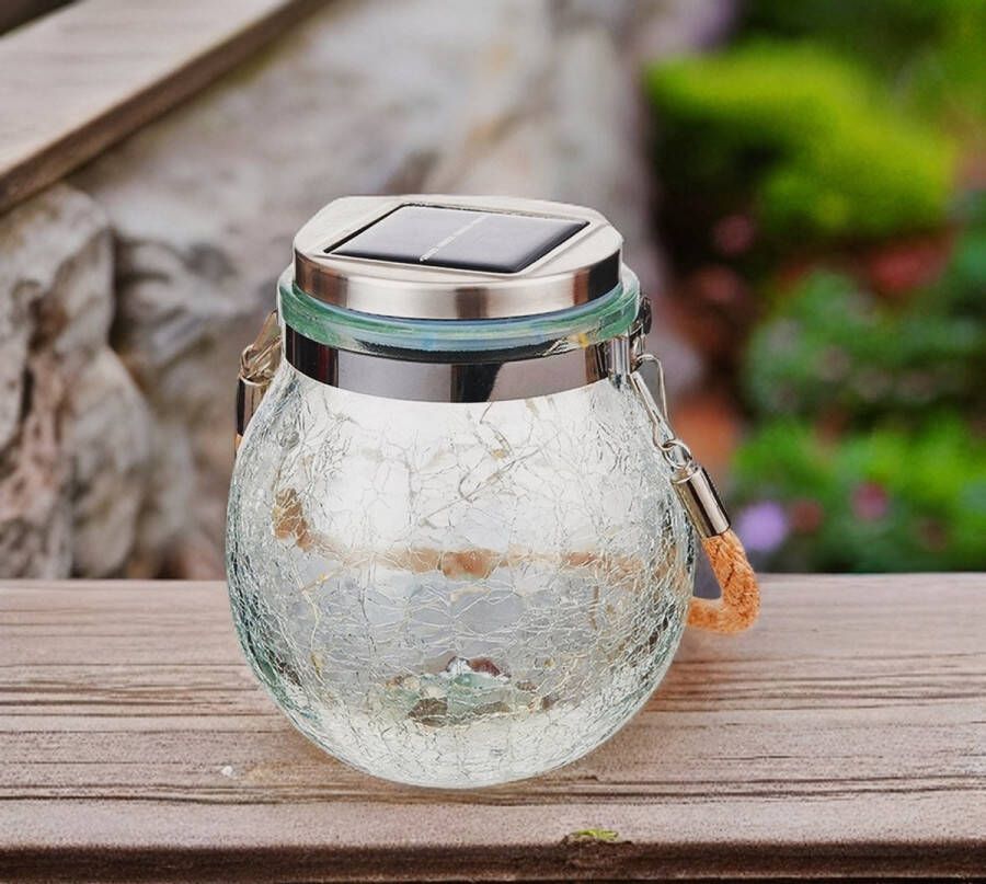 Lantaarn Craquelé Glas met 20 fairy lights Tafellamp Set van 2 Solar tuinverlichting op zonneenergie Led buitenverlichting met dag nacht sensor Hanglamp Tuinlantaarn Sfeerverlichting- Milieuvriendelijk-Duurzaam-Energiezuinig