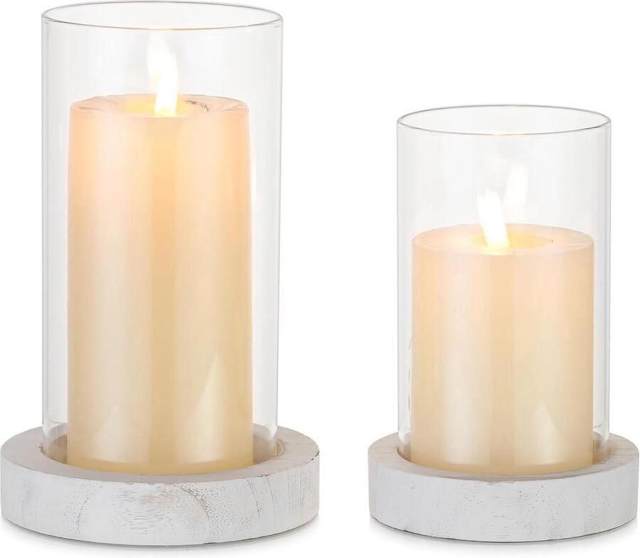 Lantaarn Glazen Kaarshouder Hout Tafel Decoratie Set van 2 Glazen en Hout