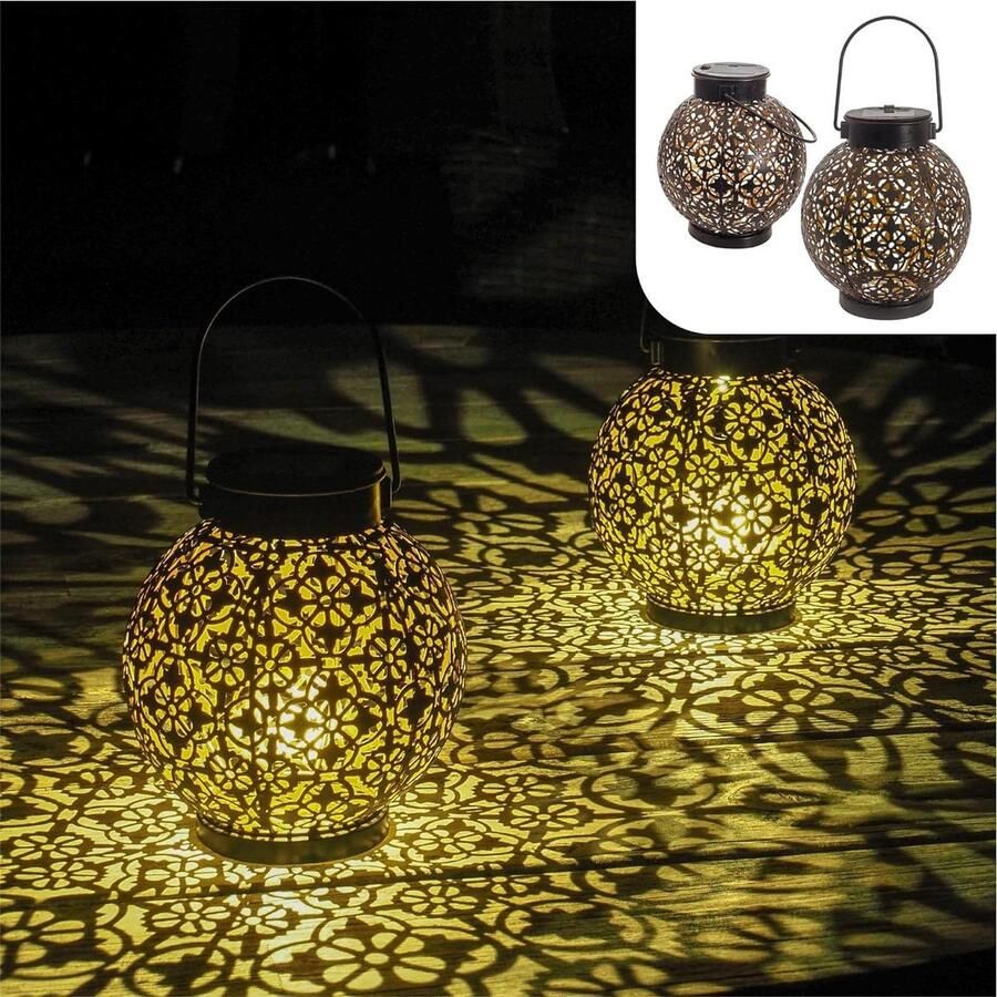 Lantaarn Led Tuinlamp Zwart en Goud Metaal Geschikt als Hanglamp Rond Solar Tafellamp Buiten Set van 2