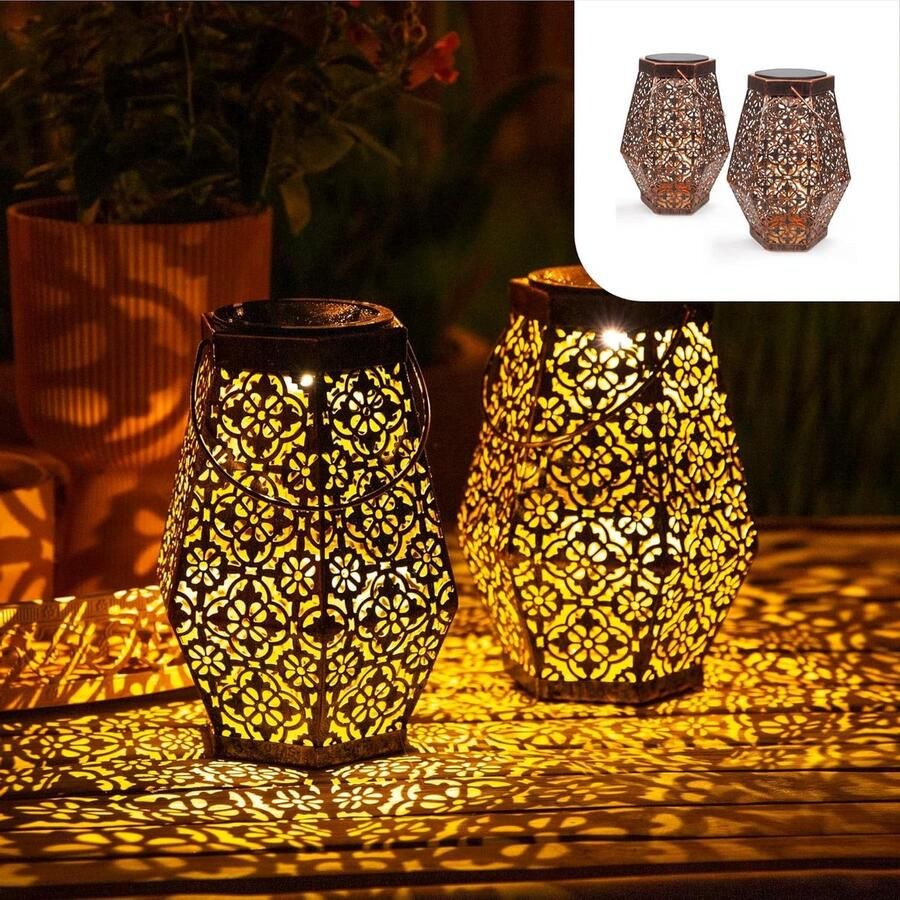 Lantaarn op Zonne-Energie Hexagon Set van 2 Tuinverlichting voor Buiten LED Lamp Koperkleurig Metaal