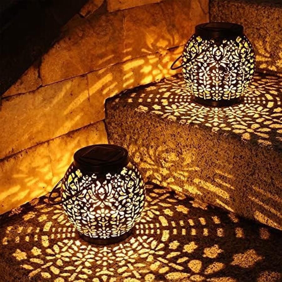 Lantaarn op zonne-energie voor buiten 2 verpakkingen led-zonnelamp voor de tuin IP65 waterdicht warmwit lantaarn energie hangend voor terras binnenplaats gazon tafel feest huis