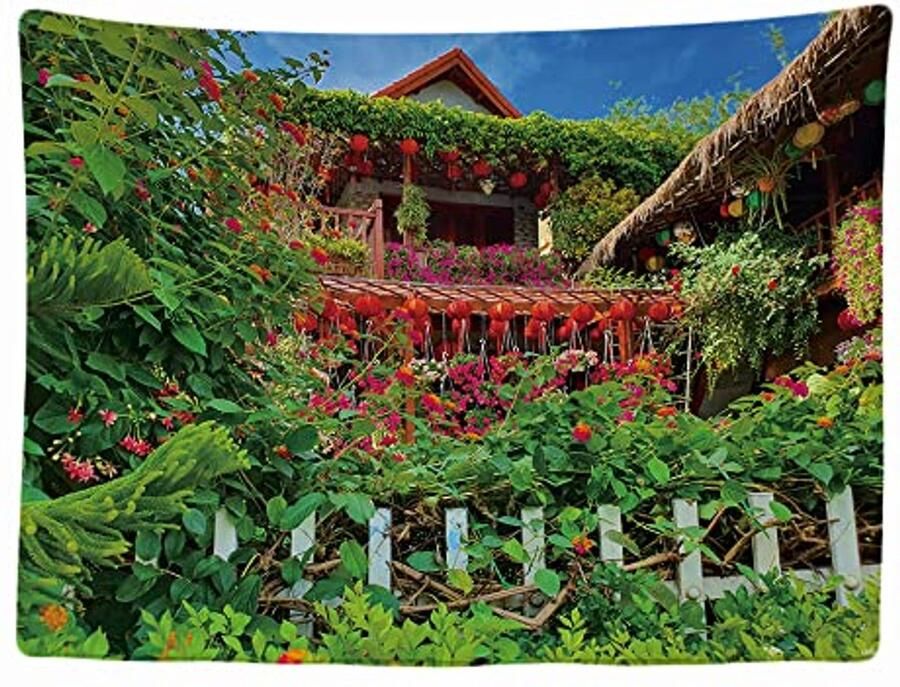 Lantaarn Tapestry voor de Tuin Groene en Rode Wanddecoratie 200 x 150 cm Groot Tapestry Poster Decoratie Canvas Schilderij voor Kamer Room Divider Accessoire