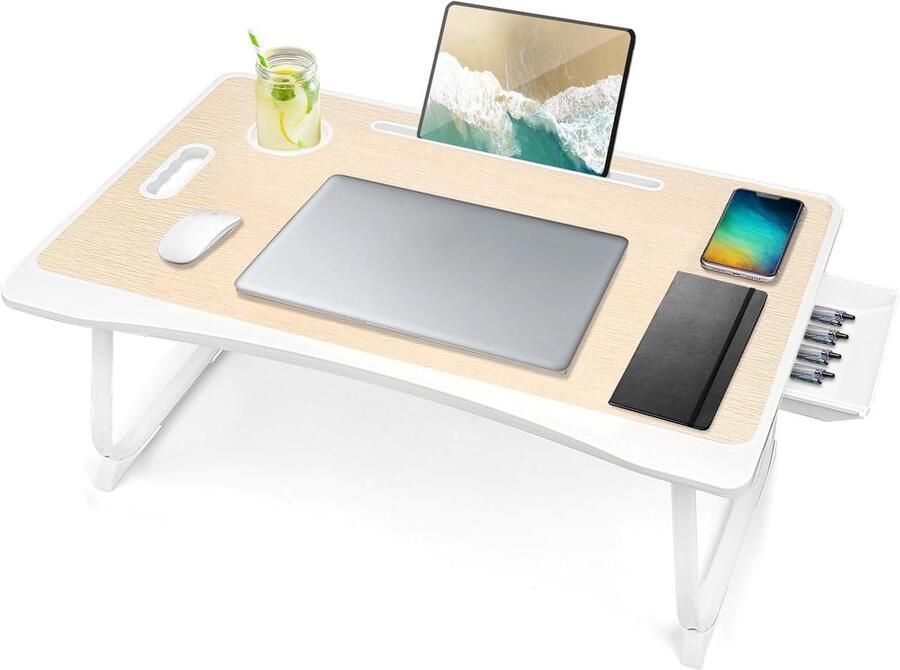 Laptop Bed Bureau Lade Opvouwbare Draagbare Lap Desk Notebook Stand Leeshouder met Opberglade en Bekerhouder voor Eten Ontbijt op Bed Bank Bank-Wit Eiken