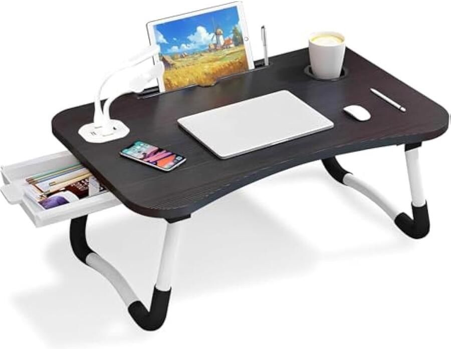 Laptopbedtafel draagbaar laptopbureau met opvouwbare poten en bekersleuf opvouwbare laptoptafel voor bank laptopbedlade voor werken op bed zwart