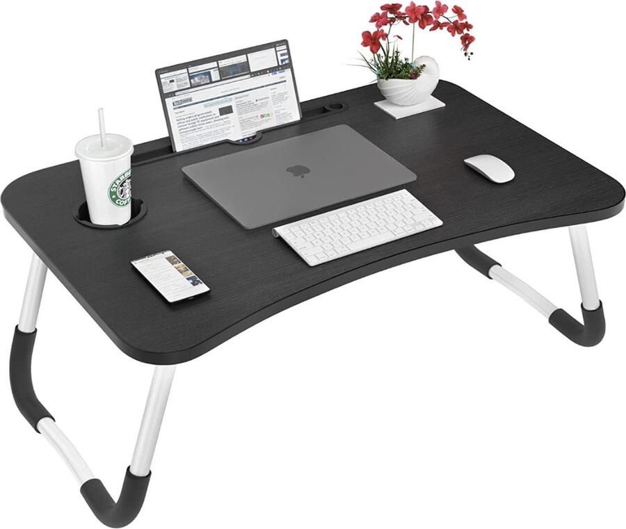 Laptopbedtafel opvouwbare draagbare laptopbedtafel met dranksleuf notebookstandaard ontbijtblad boekenhouder voor slaapbank terras balkon tuin zwart