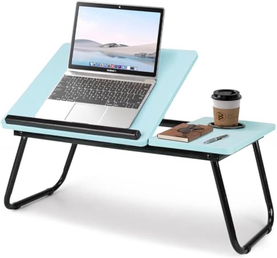 Laptopbureau laptopbedtafel met opvouwbare poten en bekersleuf leeshouder notebookstandaard met verstelbare hoogtehoek laptopbedlade voor bed bank ontbijt werk studie lezen (blauw)