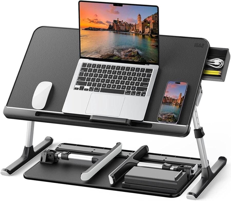 Laptoptafel bedtafel 100% E0 eco-houten plaat met lade inklapbare poten 40 kg belasting tafelblad van pvc-leer voor lezen en eten in bed en op de bank