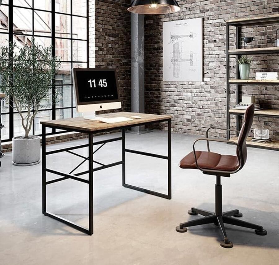 Laptoptafel – Industrieel bureau met zwart staal en houtkleurig tafelblad 100 cm breed