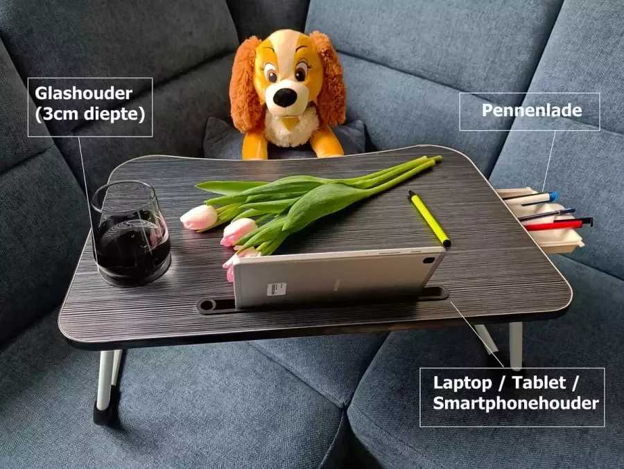 Laptoptafel Laptopstandaard Bedtafel met opvouwbare poten voor laptop ontbijt huiswerk of werken in bed- Geschikt voor laptop tablet smartphone Grijs Zwart 60x40x27 cm