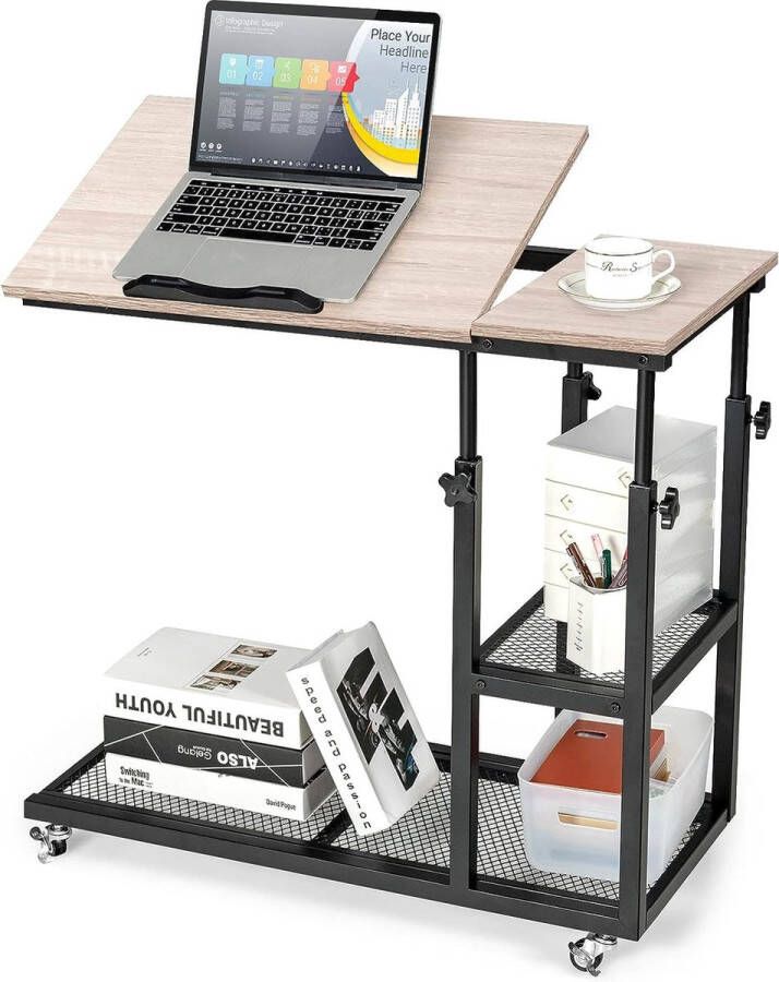 Laptoptafel met in hoogte en hoek verstelbaar 3 niveaus bijzettafel C-vormige banktafel voor woonkamer en slaapkamer op wieltjes 80 x 40 x 95 cm