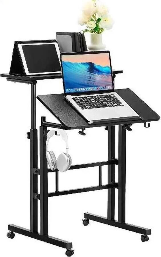 Carlovo Laptoptafel Sta Bureau Laptop Tafel Bureau Sanding Desk Laptoptafel Op Wielen Laptoptafels 3 Delig Blad In Hoogte Verstelbaar Met PC Basis Kantelbaar Blad Ergonomisch Gasveersyteem Zwart