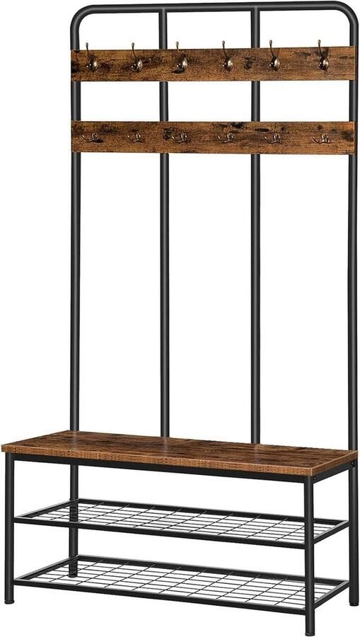 Large Coat Rack Stand 12 Hooks Shoe Bench Industrial Designs Entrance Storage Shelf Rustic Brown 100 x 35.5 x 182 cm halmeubel met kapstok