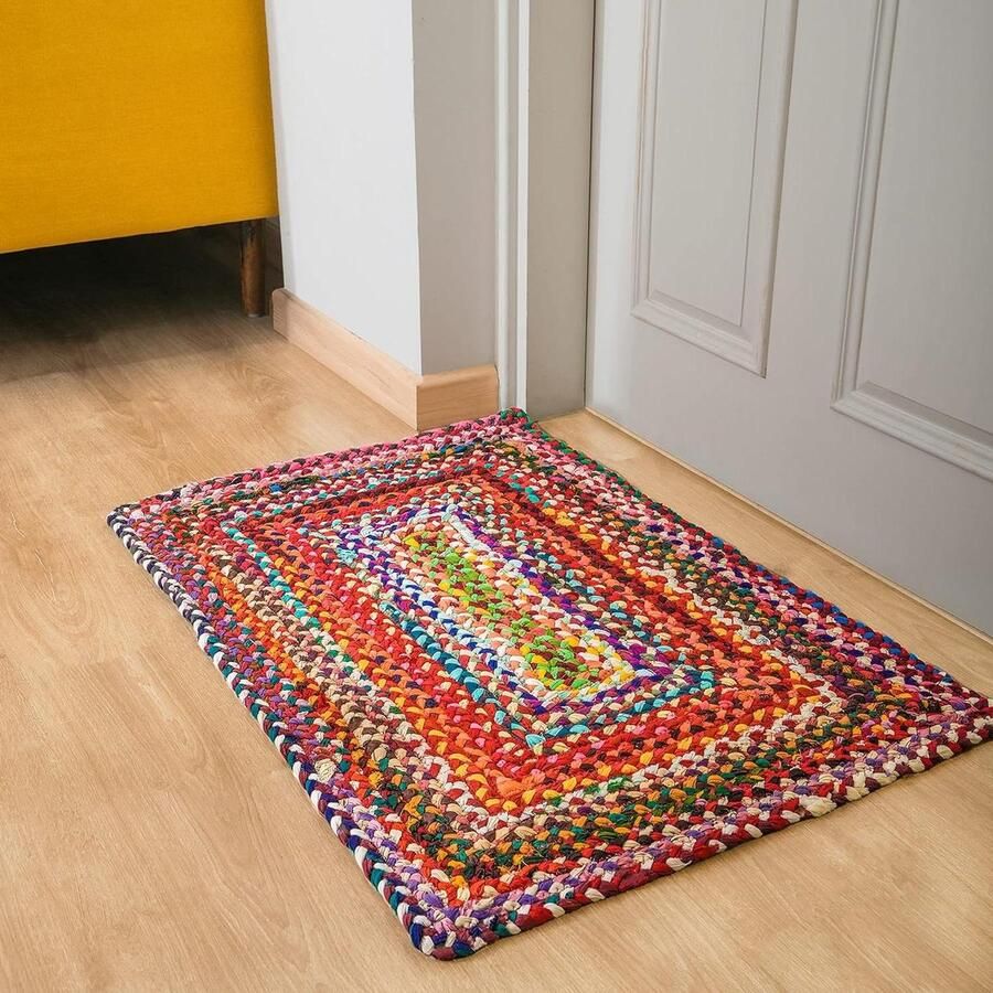 Large Rag Rug Pure Cotton Handmade Recycled Floor Mat Boho Decor Multicolor Chindi Jute Ethnic Indian Braided Area Rug Reversible Indoor Home Carpet 2x3