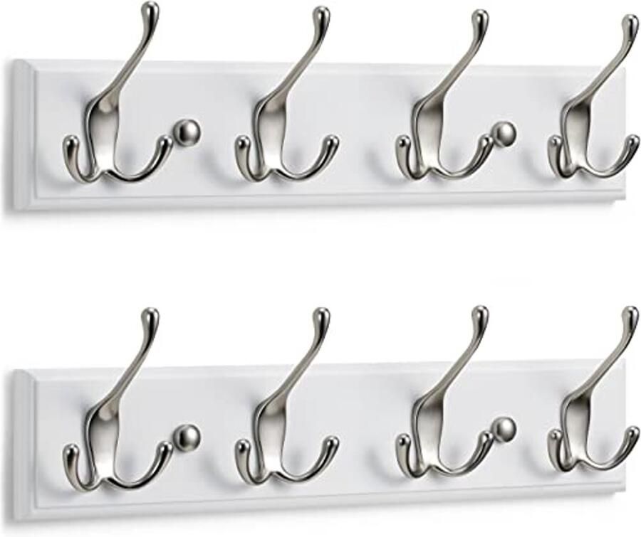 LARHN kapstokhaken wit (2 stuks) kapstok wit met 4 haken in mat nikkel 42 cm kapstokken muur wandkapstok voor gangen garderobes slaapkamers en badkamers