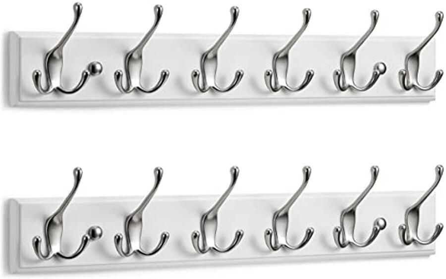 LARHN kapstokhaken wit (2 stuks) kapstok wit met 6 haken in mat nikkel 59 cm kapstok muur wandkapstok voor gangen garderobes slaapkamers en badkamers