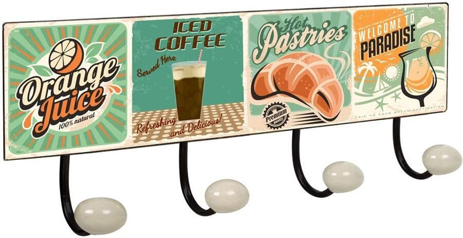 Lashuma USA metalen kledinghaakrek 4-delige wandkapstok 40x15 5 cm woonkamer wandhaak retro motief ontbijt