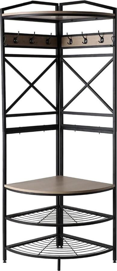 Last Deco Kapstok van ijzer 4 planken 6 haken zwart en natuur afmetingen 60 x 184 x 60 cm decoratiemeubelen halmeubel kapstok hangend met plank