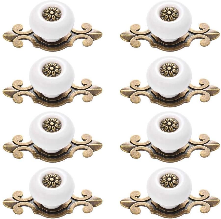 LATRAT 8 stuks metalen knoppen kastknoppen metalen knopgrepen set keramische deurknop antiek design wit & oud goud