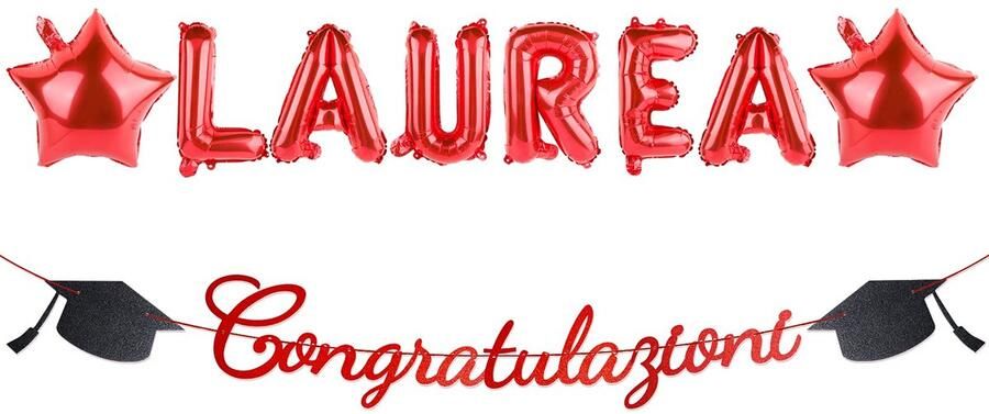 Laurea Red Foil Balloons Decorative Set with Stars and 1 Pcs Congratulazioni Garland Glitter Red Decorative Paper Banner for Graduation Party Decoration for Hanging Accessories