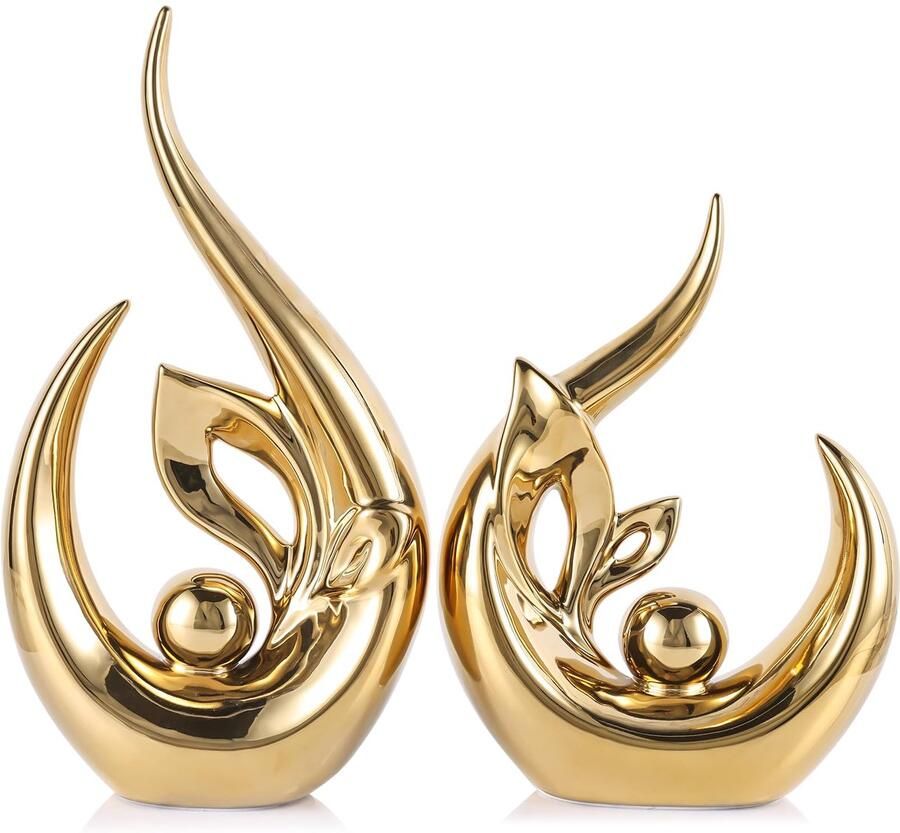 LCCCK Modern Gouden Keramiek Sculptuur Abstract Kunstbeeld 33cm in Scandinavisch Design voor Woonkamer Eettafel Kantoor en Hal Decoratief Accentueren