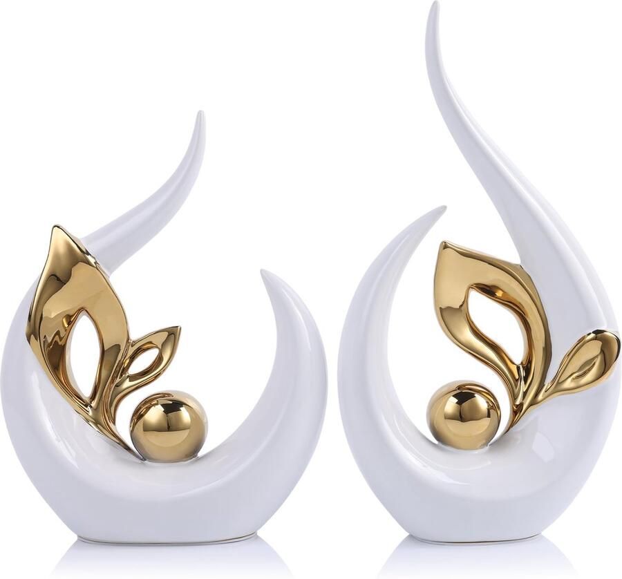 LCCCK Modern wit en goud keramisch beeldhouwwerk Abstract kunstbeeld 33 cm in Scandinavisch design voor woonkamer eettafel kantoor en hal decoratief accent