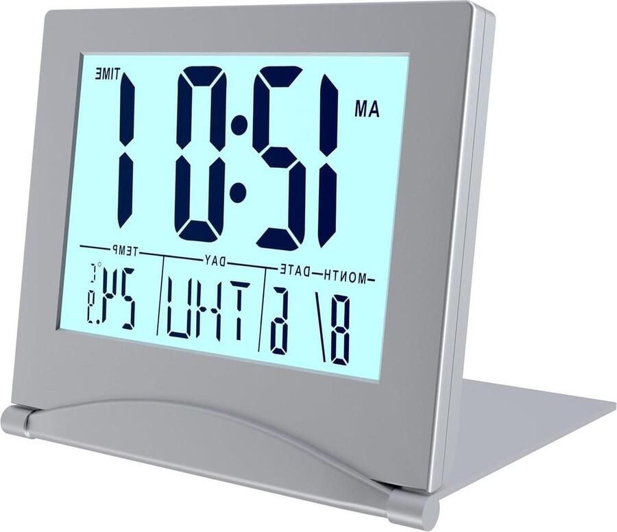 LCD Digitale Klok Reiswekker Opvouwbaar met Achtergrondverlichting Bureau Klok Wekker Digitaal Temperatuur en Datum Batterijen incl. Zilver