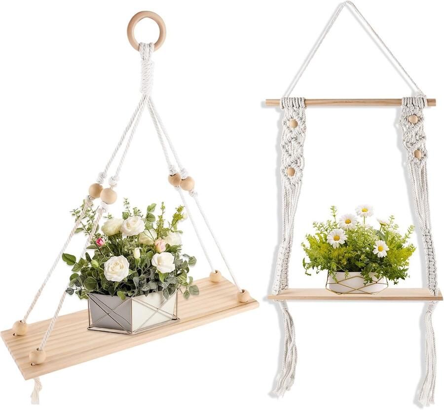 LDHHYH Boho Wall Shelf Hand Woven Floating Shelf Decorative Hanging Shelf Boho Decoration Macrame Wall Shelf Wood Natural Driftwood Hanging Rack for Living Room Bedroom Bathroom Pack of 2