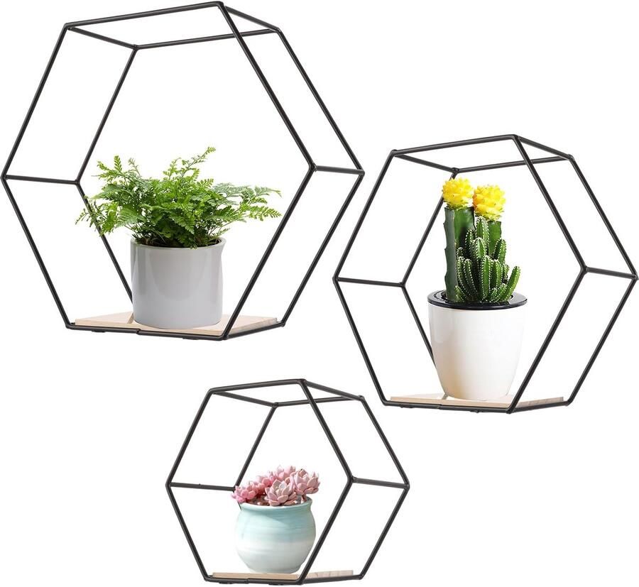 LDHHYH Hexagonal Wall Shelves 3 Sizes Black Metal 3 Sizes Hanging Shelf Black with Wooden Floating Shelf Hexagonal Wall Shelf for Living Room Bathroom Bedroom