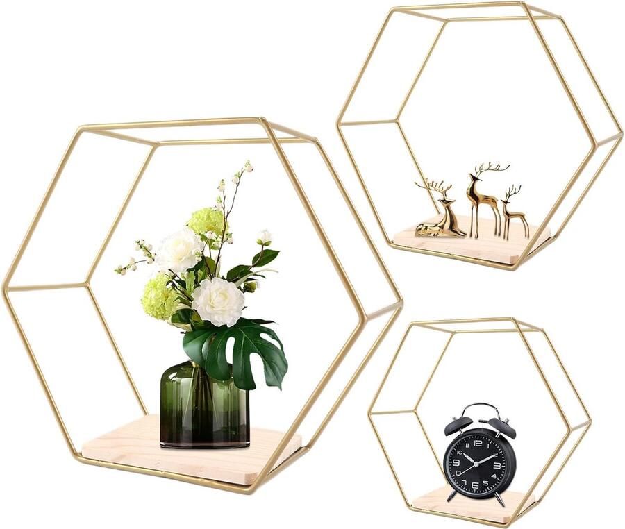 Zeshoekige wandplanken Set van 3 Goud Metaal en hout