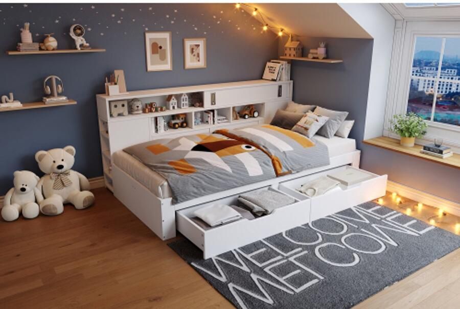 Learnlogic 90x200cm kinderbed wit multifunctioneel met laden boekenplank en storkast bedkast met opbergruimte matras niet inbegrepen