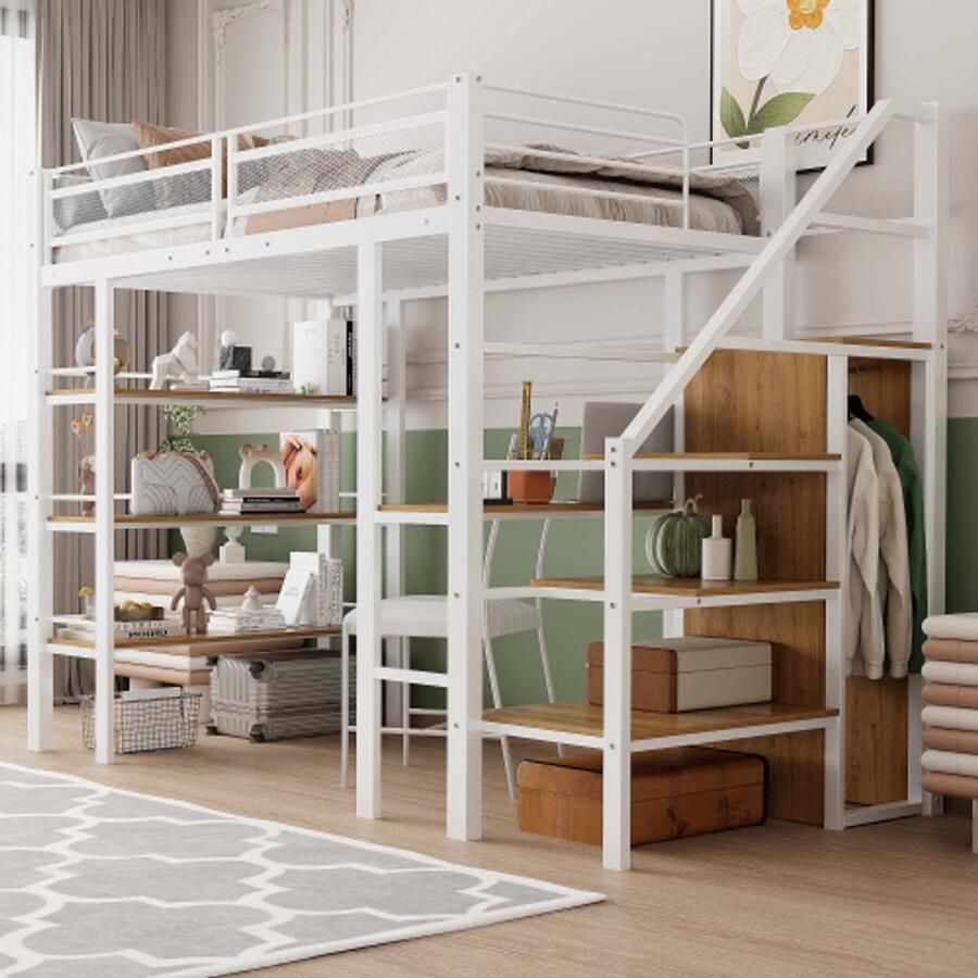 Learnlogic 90*200cm drielaagse opbergplank bureau kledingkast veiligheidstrap met opbergvak hoog hekwerk ijzeren bed eenpersoonsbed wit
