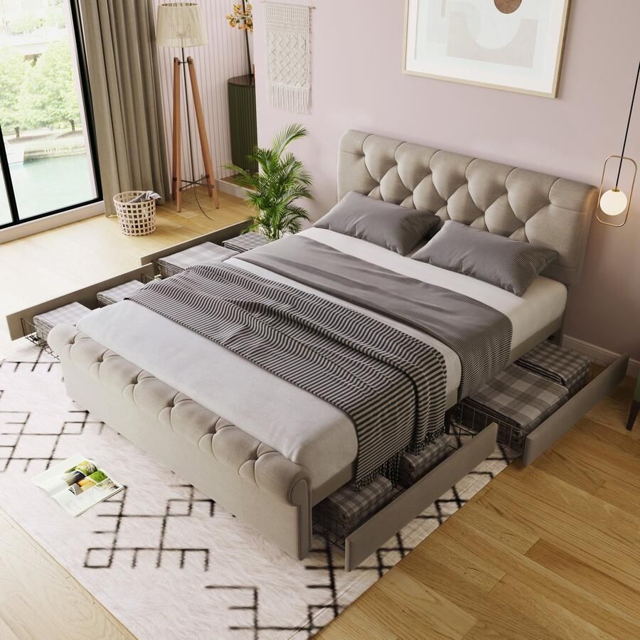 Learnlogic Bedframe met 4 laden met dubbele bed gestoffeerd bed 140x200cm hoogte -verstelbaar hoofdeinde zonder matras