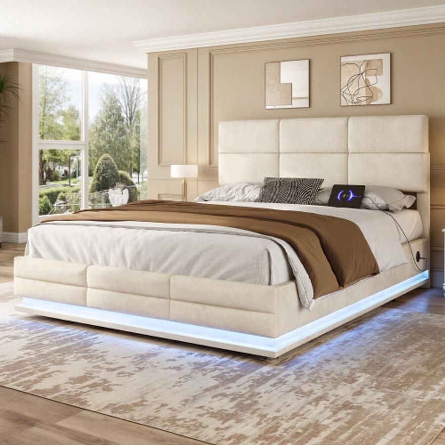 Learnlogic Bedframe van zacht fluweel 160 x 200 cm met USB Type C-oplaadfunctie en ledverlichting hydraulisch systeem opbergruimte bedframe van fluweel jeugdbed met lattenbodem beige