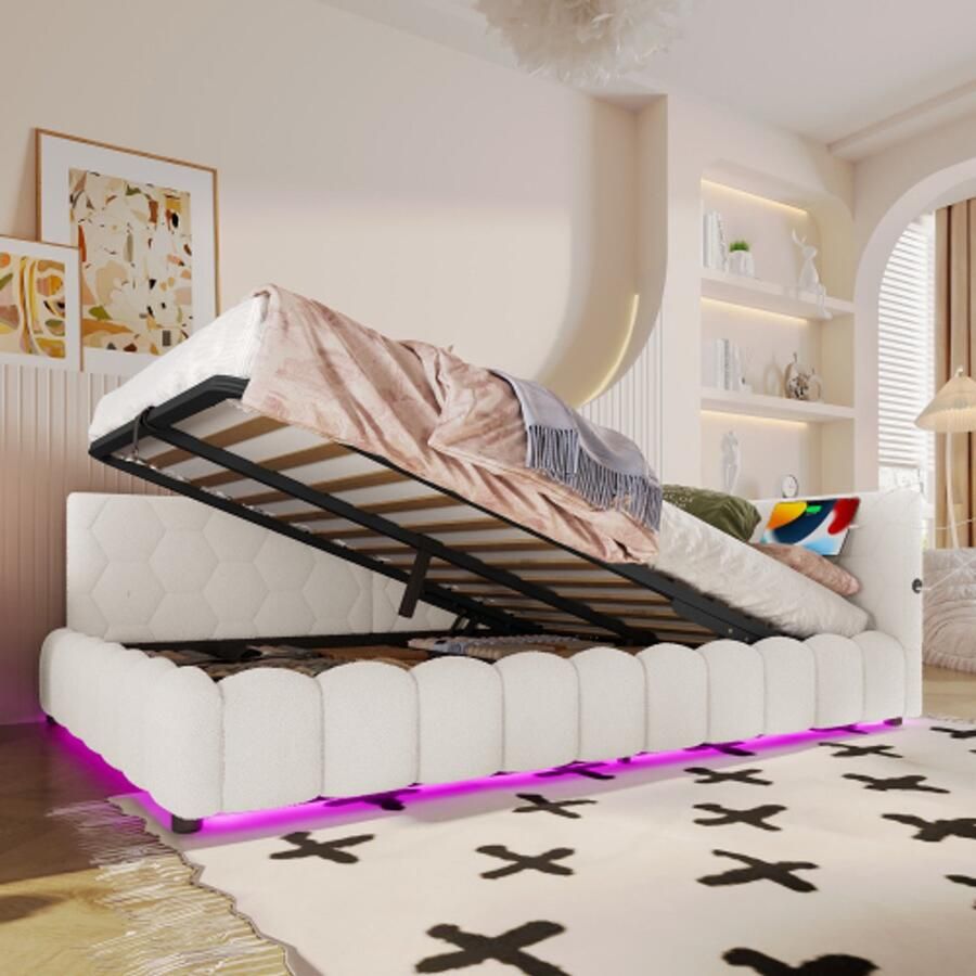 Learnlogic dagbed 140x200 cm dagbed slaapsofa bed met latmatras (zonder matras) met LED-lichtstrip hydraulisch liftingsysteem USB-aansluiting Type-C comfortmateriaal vliesimitatie wit