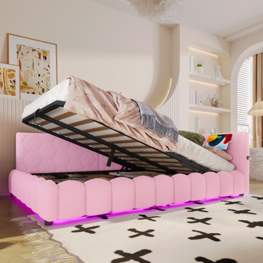 Learnlogic dagbed 140x200 cm dagbed slaapsofa bed met latmatras (zonder matras) met LED-lichtstrip hydraulisch liftingsysteem USB-aansluiting Type-C comfortmateriaal vliesimitatie roze