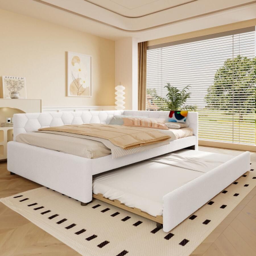 Learnlogic dagbed 140x200 cm dagbed slaapsofa bed met latmatras (zonder matras) met nachtkastlamp multifunctioneel uitrekbaar bed USB-aansluiting Type-C comfortmateriaal vliesimitatie wit