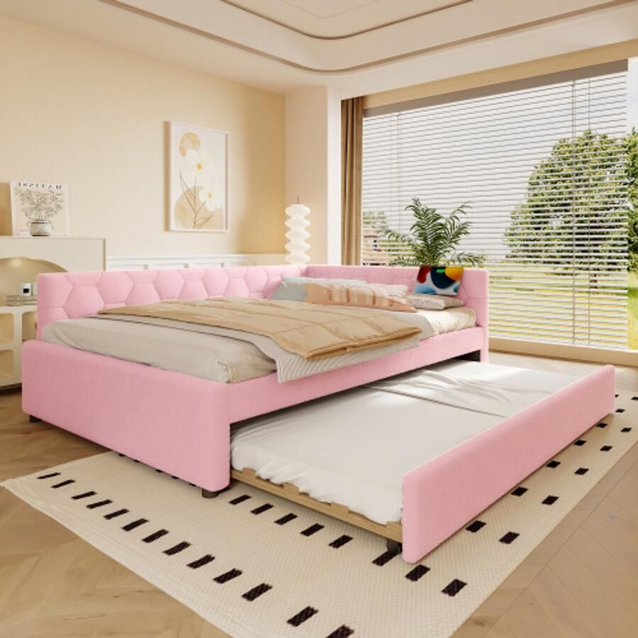Learnlogic dagbed 140x200 cm dagbed slaapsofa bed met latmatras (zonder matras) met nachtkastlamp multifunctioneel uitrekbaar bed USB-aansluiting Type-C comfortmateriaal vliesimitatie roze