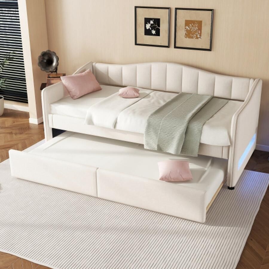 Learnlogic dagbed 90x200 cm dagbed met uitrekbaar bed slaapsofa eenpersoonsbed (zonder matras) ambiance-lichtontwerp linnen minimalistisch design beige