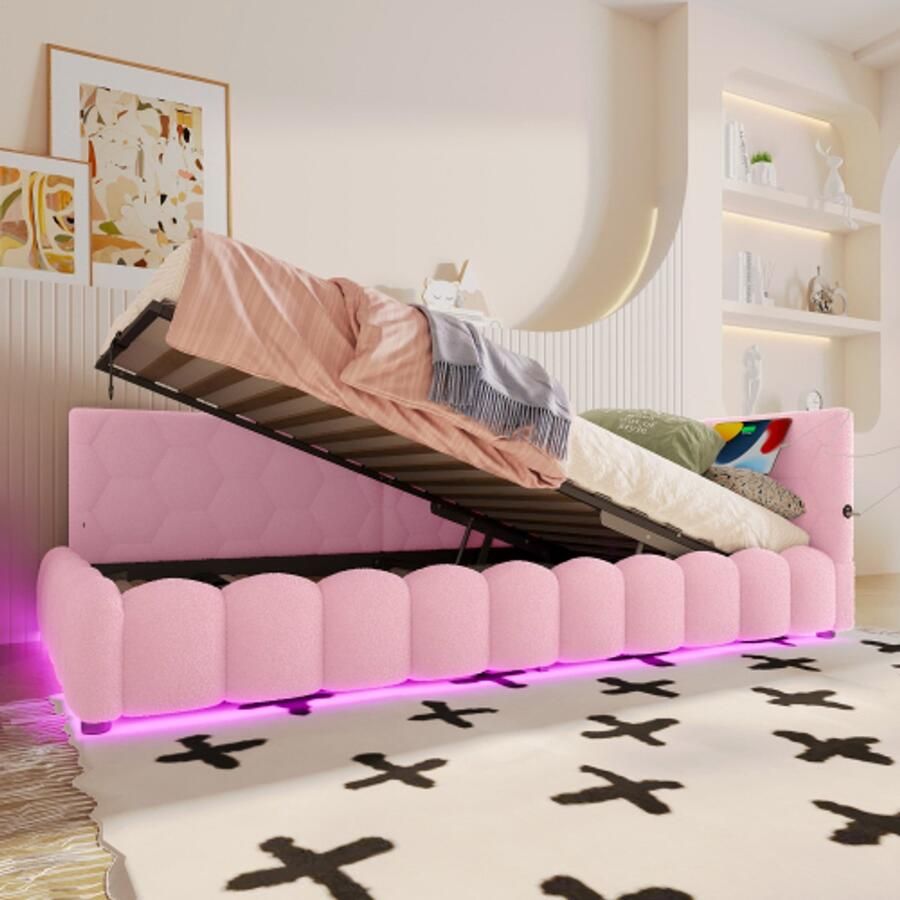 Learnlogic dagbed 90x200 cm dagbed slaapsofa bed met latmatras (zonder matras) met LED-lichtstrip hydraulisch liftingsysteem USB-aansluiting Type-C comfortmateriaal vliesimitatie roze