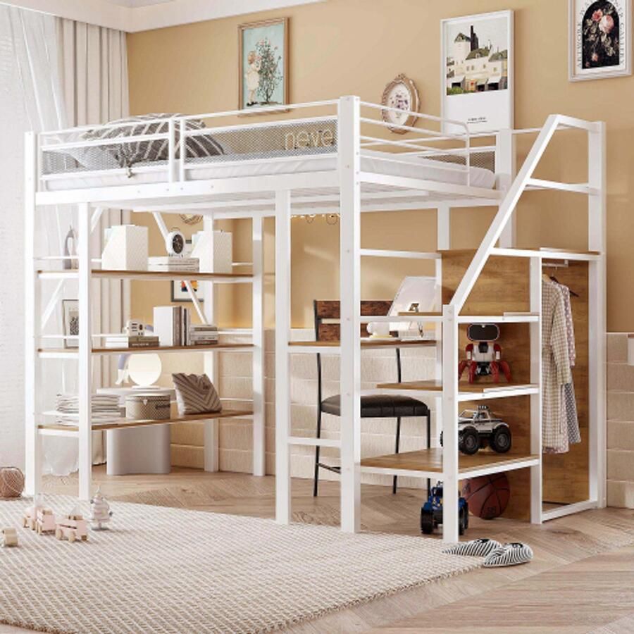 Learnlogic Hochbett 140*200cm wit dreilagiges Ablageregal Schreibtisch Kleiderschrank Sicherheitsstufen mit Ablagefach hohes Zaundesign Eisenbett Einzelbett